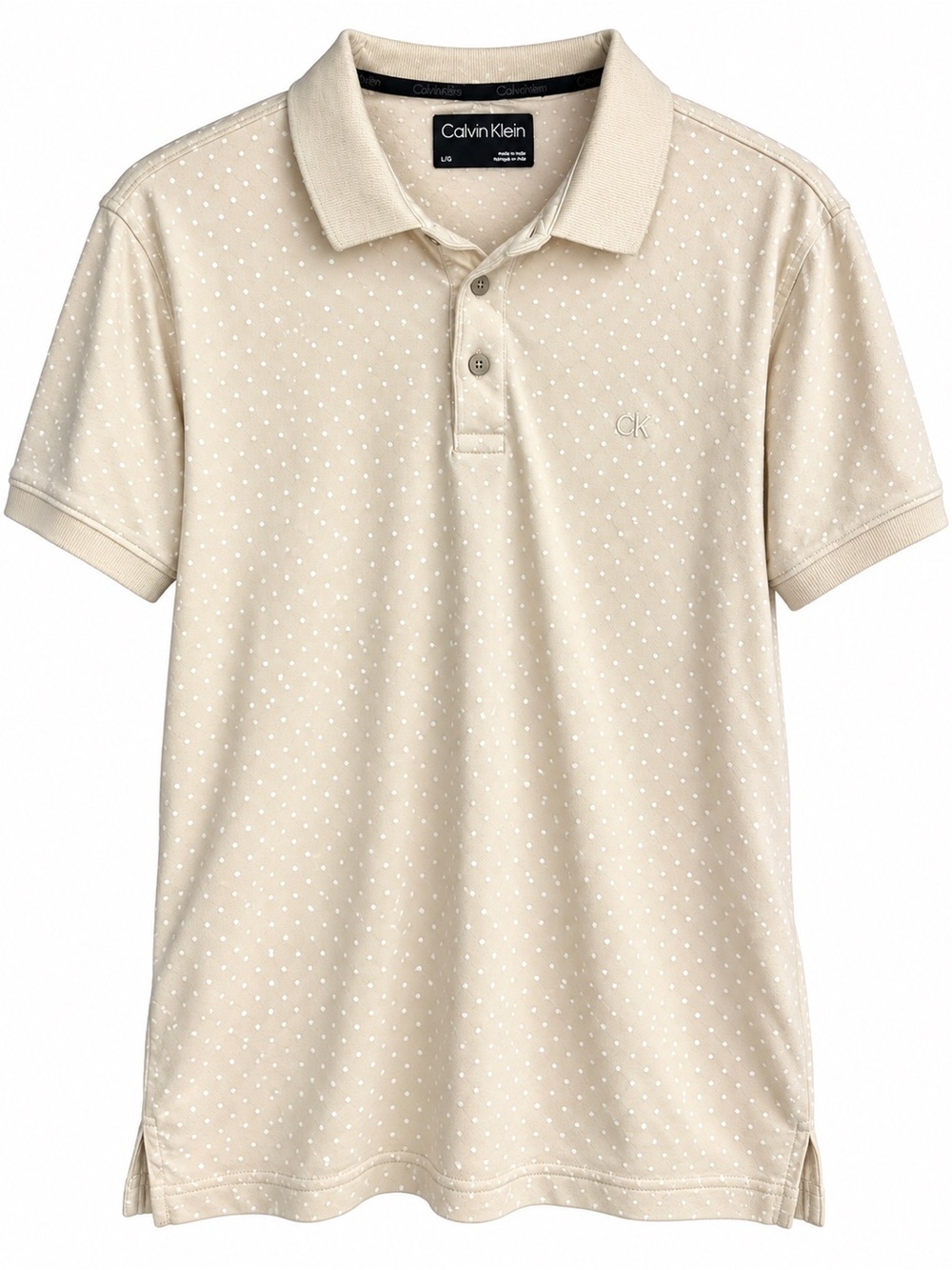 Calvin Klein Men’s Large Cream Dot Textured 100% Cotton Short Sleeve Polo Shirt